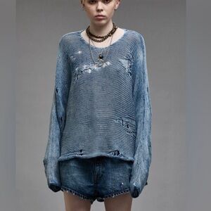 R13 Distressed Boyfriend Crewneck Sweater in Indigo Blue Size XS